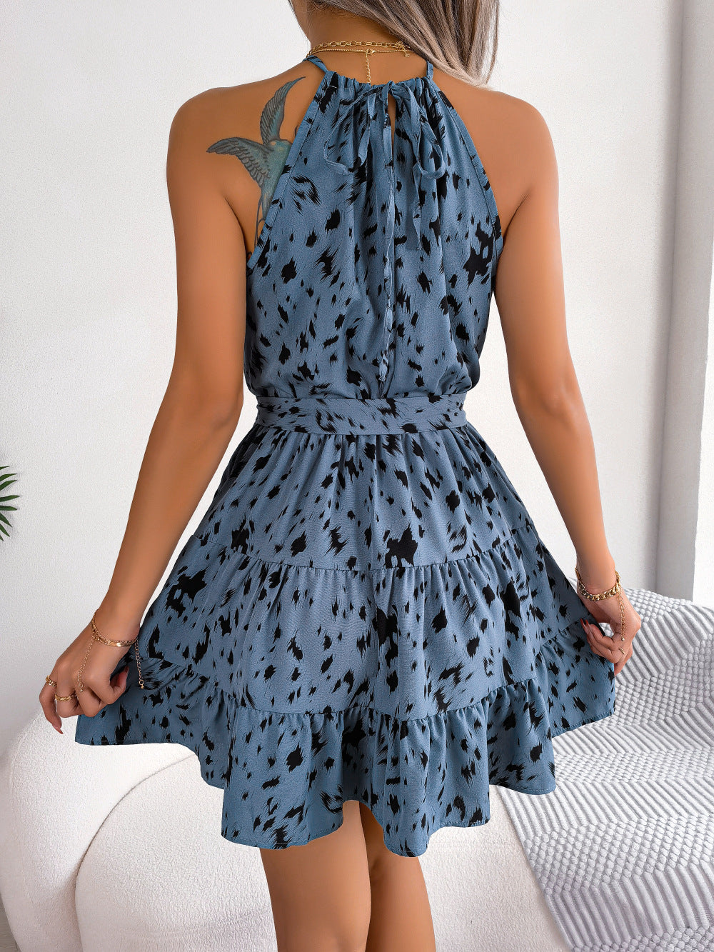 Leopard Print Ruffle Mini Dress – Sleeveless Halter Summer Beach Dress