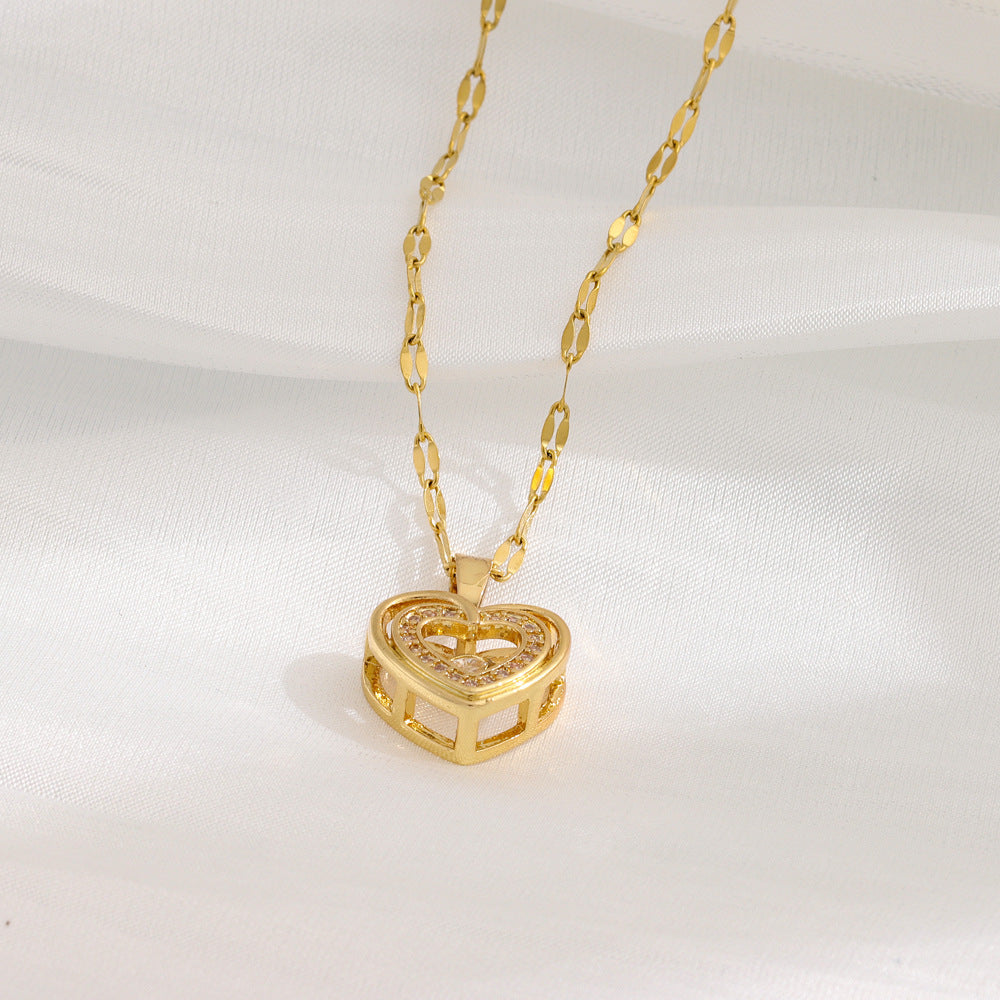 Double-Layer Heart Necklace – Titanium Steel Pendant with Rhinestones