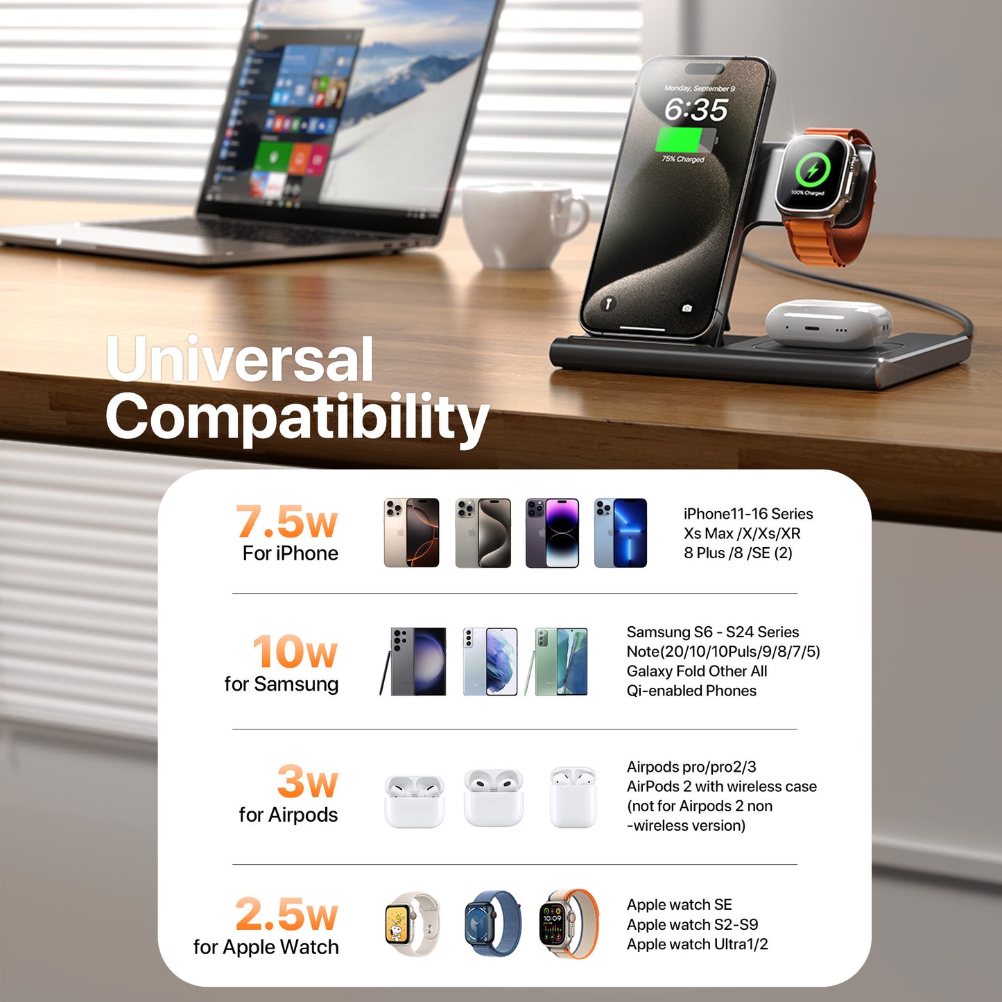 3-in-1 Foldable Wireless Charging Station for iPhone, Apple Watch & AirPods – 15W Fast Charger