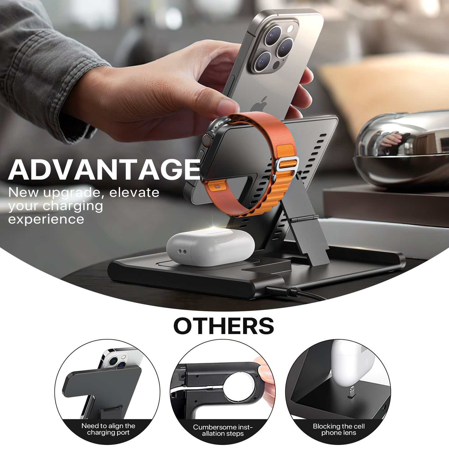 3-in-1 Foldable Wireless Charging Station for iPhone, Apple Watch & AirPods – 15W Fast Charger