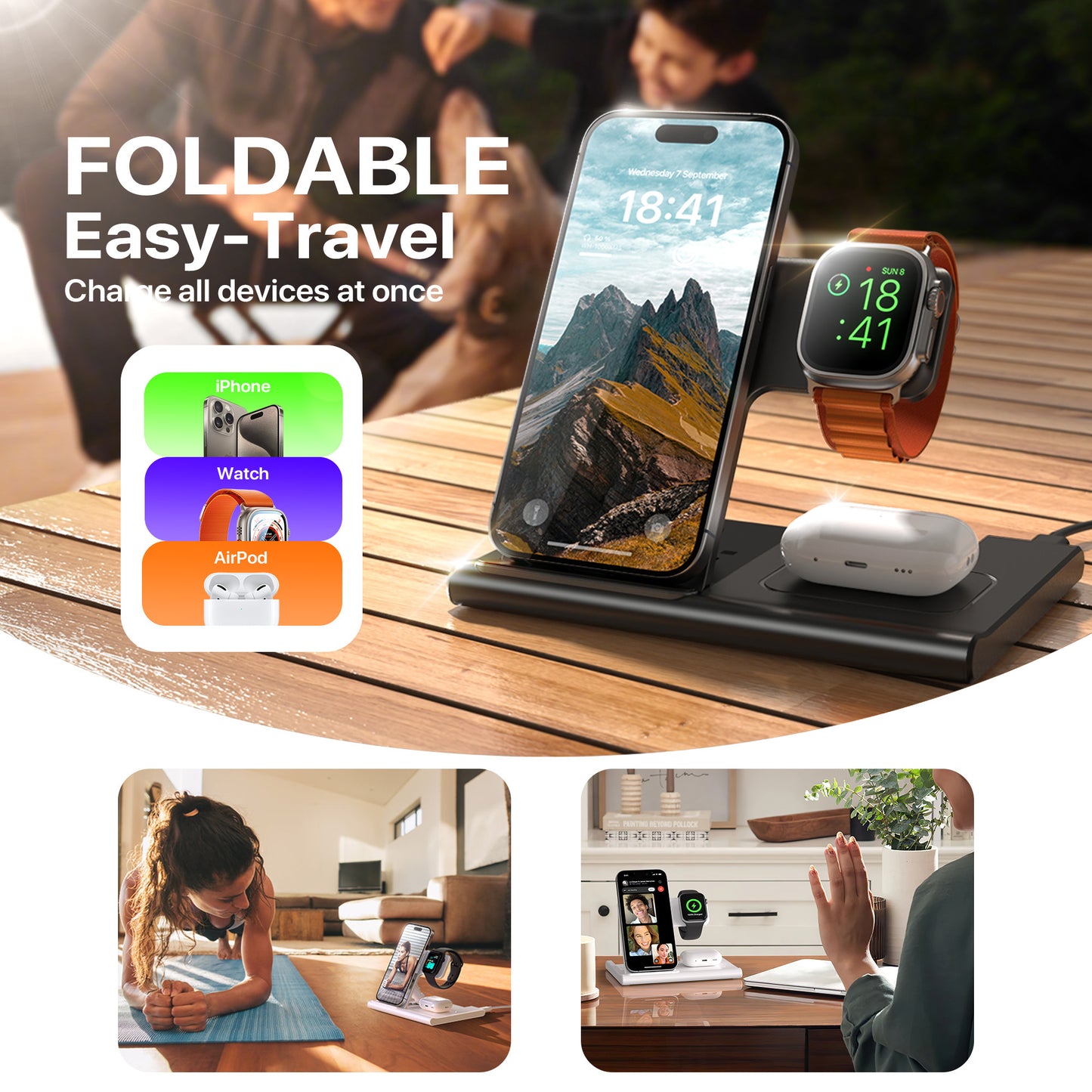 3-in-1 Foldable Wireless Charging Station for iPhone, Apple Watch & AirPods – 15W Fast Charger