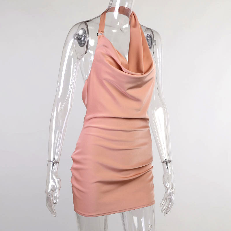 Satin V-Neck Backless Party Dress – Adjustable Halter Mini Dress