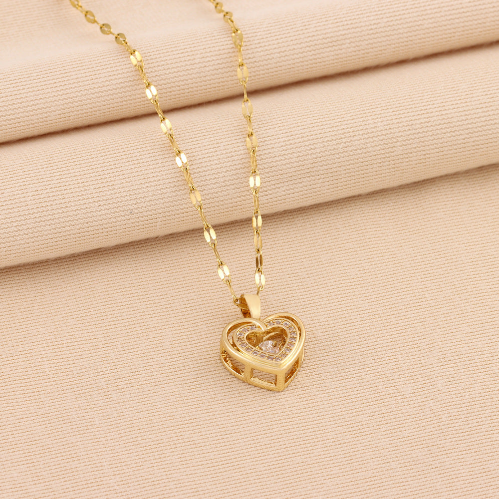 Double-Layer Heart Necklace – Titanium Steel Pendant with Rhinestones