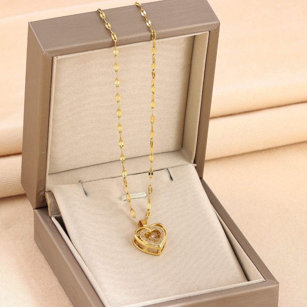 Double-Layer Heart Necklace – Titanium Steel Pendant with Rhinestones