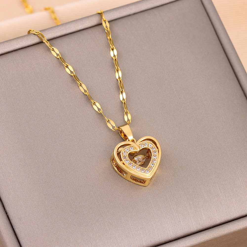 Double-Layer Heart Necklace – Titanium Steel Pendant with Rhinestones