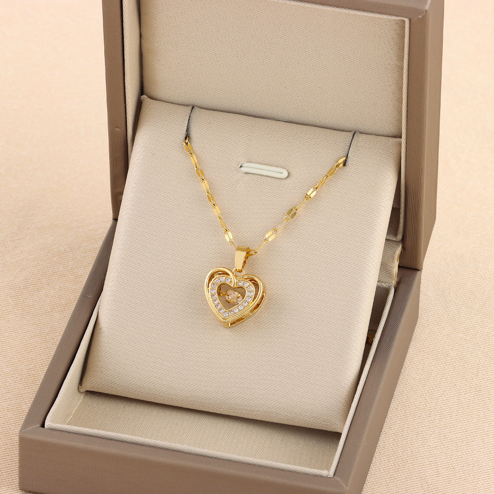 Double-Layer Heart Necklace – Titanium Steel Pendant with Rhinestones