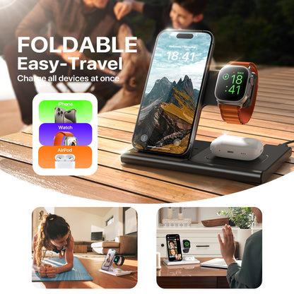 3-in-1 Foldable Wireless Charging Station for iPhone, Apple Watch & AirPods – 15W Fast Charger