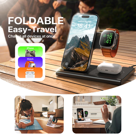 3-in-1 Foldable Wireless Charging Station for iPhone, Apple Watch & AirPods – 15W Fast Charger