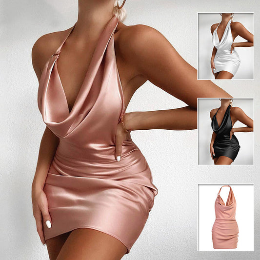 Satin V-Neck Backless Party Dress – Adjustable Halter Mini Dress