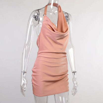 Satin V-Neck Backless Party Dress – Adjustable Halter Mini Dress