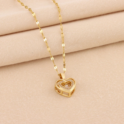 Double-Layer Heart Necklace – Titanium Steel Pendant with Rhinestones