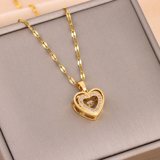Double-Layer Heart Necklace – Titanium Steel Pendant with Rhinestones
