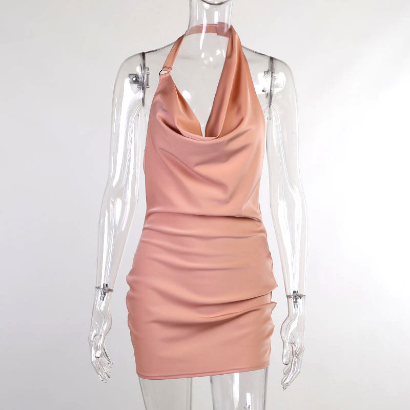 Satin V-Neck Backless Party Dress – Adjustable Halter Mini Dress