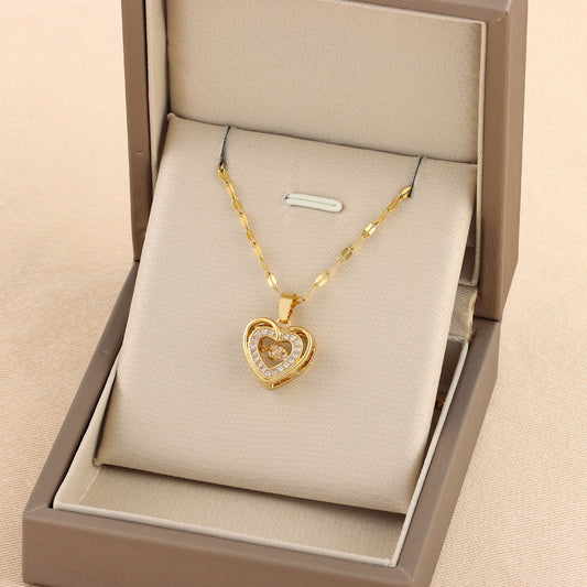 Double-Layer Heart Necklace – Titanium Steel Pendant with Rhinestones